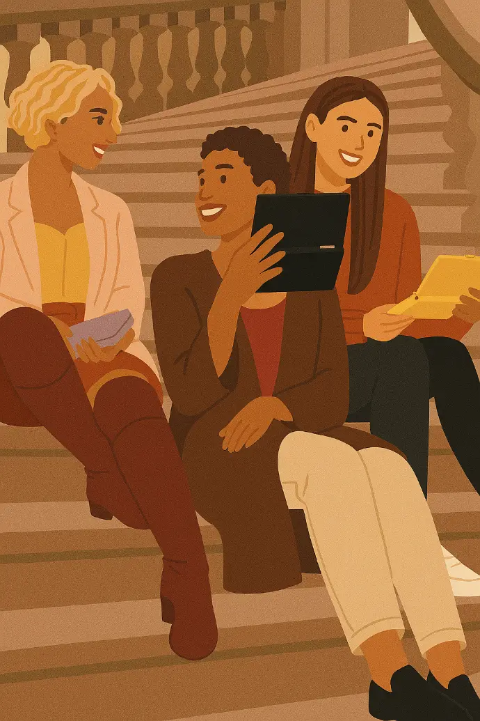 Grupa kobiet rozmawiających o inwestowaniu – ilustracja społeczności Eleganckich Inwestorek