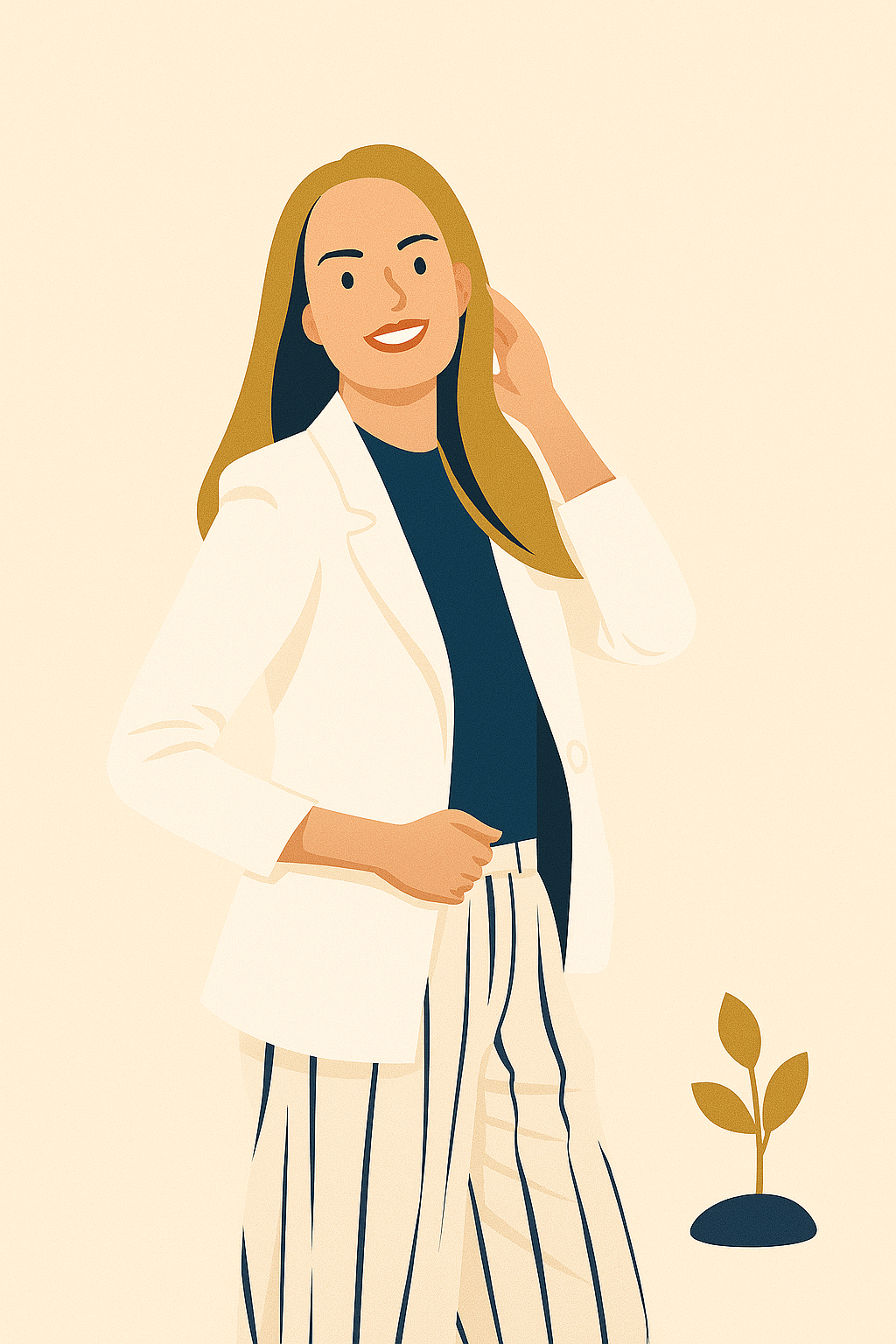 Ilustracja kobiety z długimi włosami siedzącej przy laptopie.