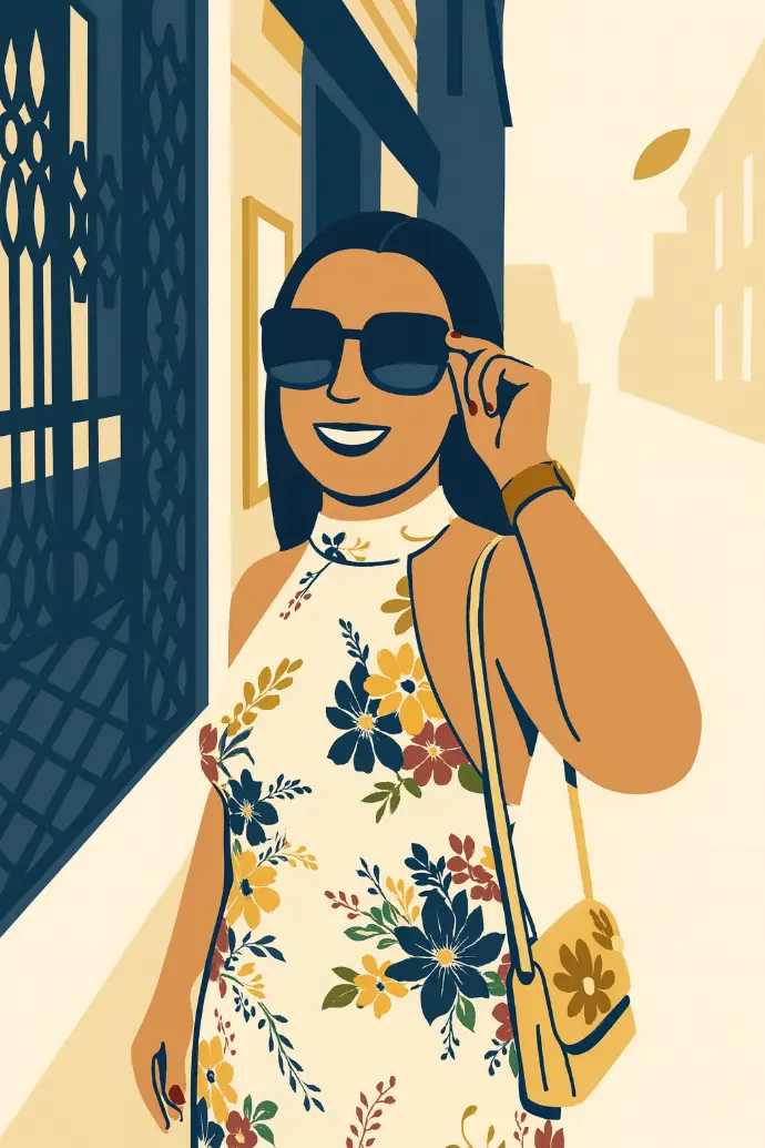 Kobieta w okularach przeciwsłonecznych stojąca przy budynku