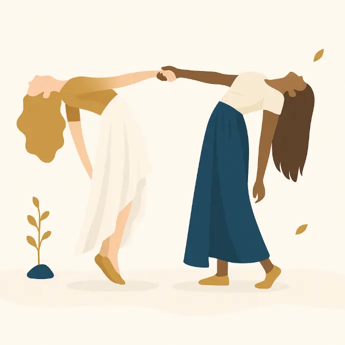 Ilustracja dwóch kobiet trzymających się za ręce, symbolizująca wsparcie i współpracę w rozwoju inwestycyjnym.