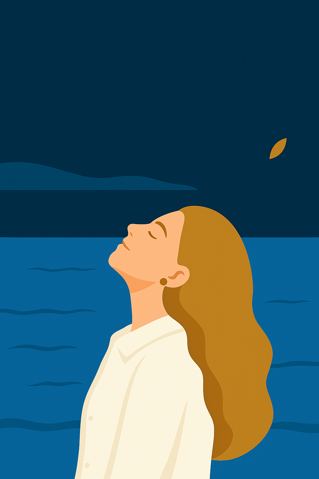 Kobieta patrzy w dal na tle wieczornego nieba.