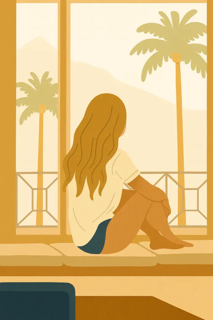 Kobieta siedząca na tarasie z widokiem na miasto, przedstawiająca wolność finansową i niezależność.