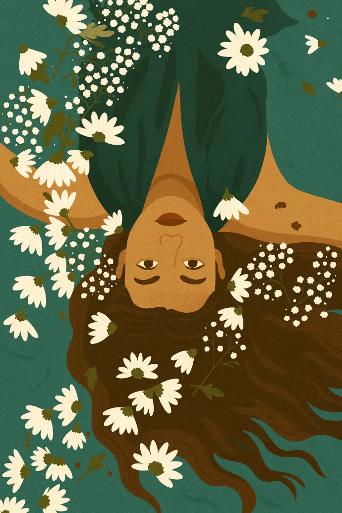 Ilustracja kobiety w otoczeniu kwiatów, nawiązująca do harmonii między życiem a inwestowaniem.