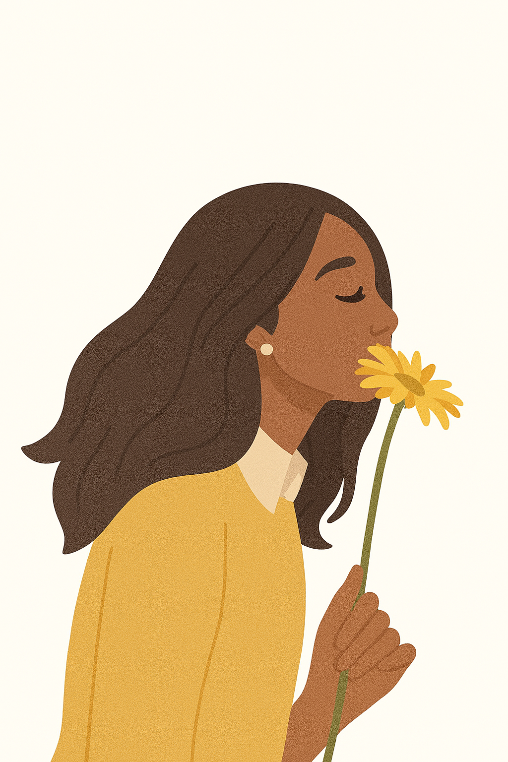 Kobieta trzyma kwiat i zamyka oczy w spokojnej pozie.