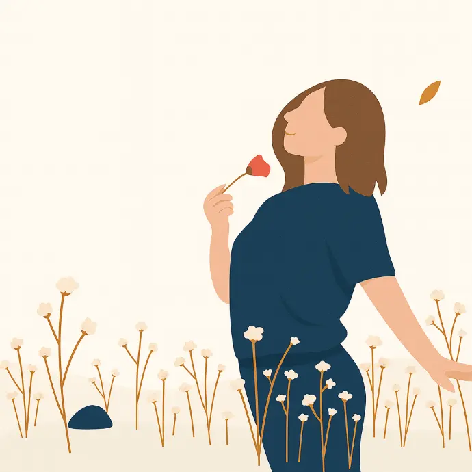 Ilustracja kobiety symbolizująca refleksję i spokój w podejmowaniu decyzji inwestycyjnych.