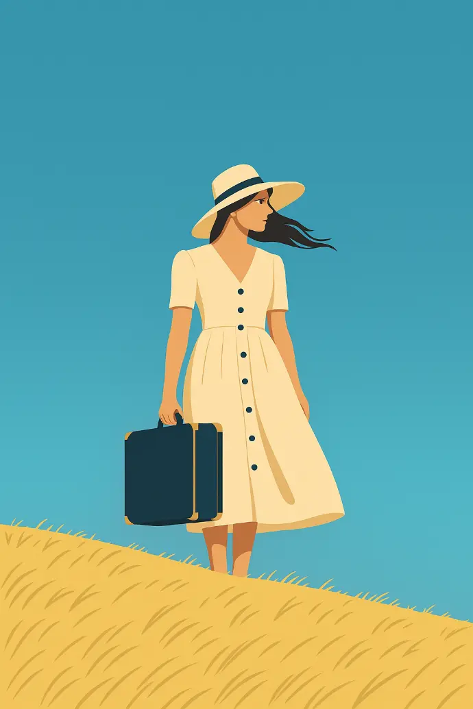 Stylizowana kobieta z walizką jako metafora drogi inwestycyjnej i zmian na rynkach.