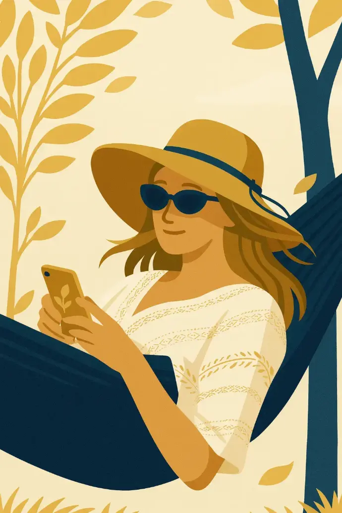 Ilustracja kobiety w kapeluszu i okularach przeciwsłonecznych, siedzącej w otoczeniu roślin – symbol eleganckiej inwestorki.