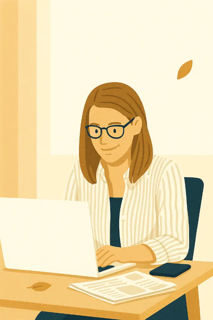 Kobieta w okularach, pisząca w notesie przy biurku z filiżanką kawy