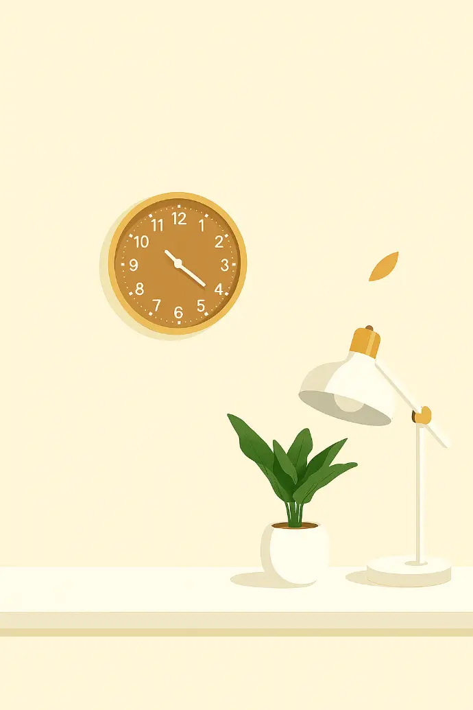 Miejsce pracy Eleganckiej Inwestorki - zegar, lampka oraz roślina