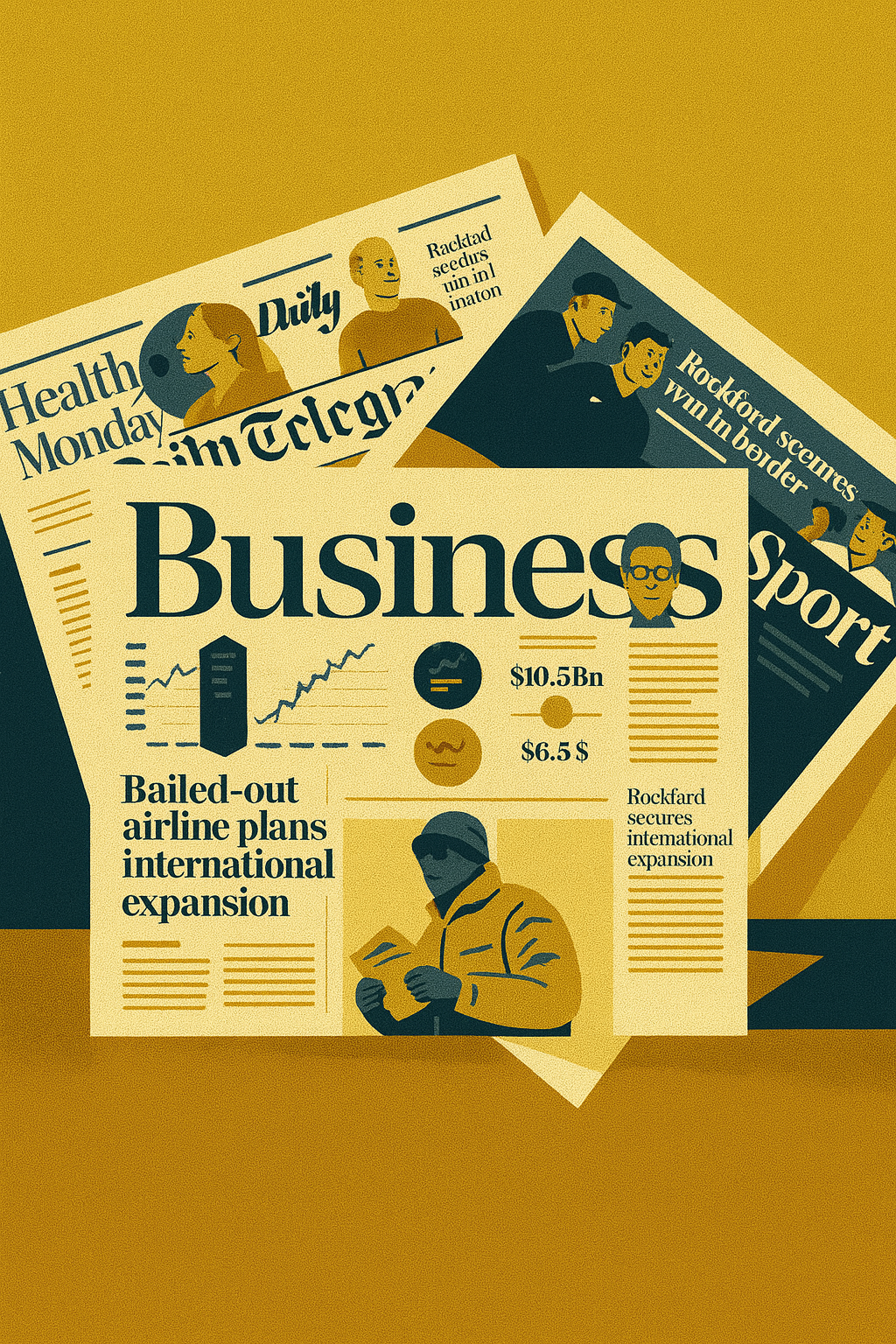 Gazety z nagłówkiem Business ułożone jedna na drugiej, tło musztardowe
