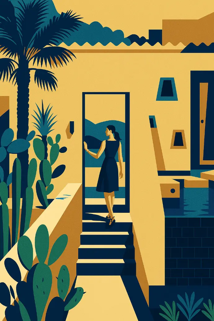 Ilustracja przedstawiająca kobietę wchodzącą do jasnego wnętrza z roślinami i schodami w tle.
