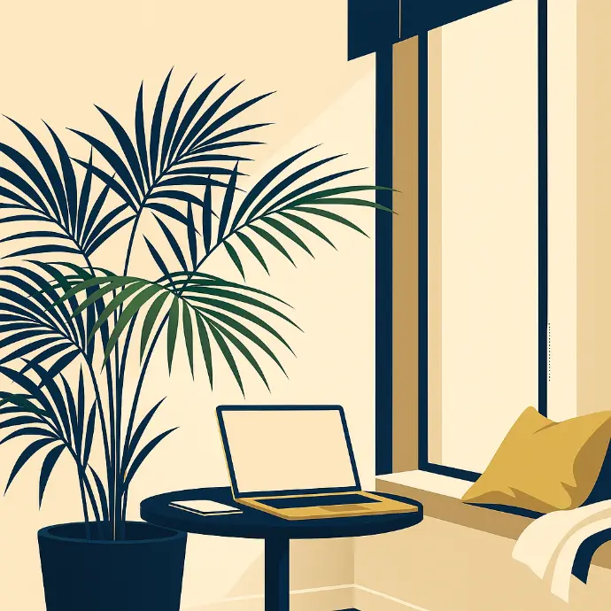 Wnętrze z roślinami i fotelem w jasnej, eleganckiej aranżacji