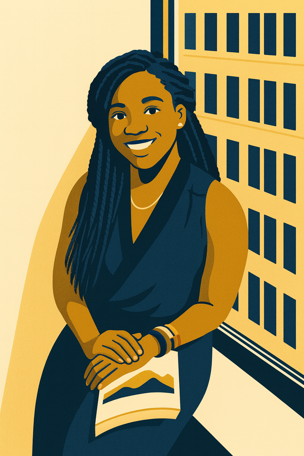 Ilustracja kobiety siedzącej przy biurku z laptopem, utrzymana w spokojnej, ilustracyjnej stylistyce.