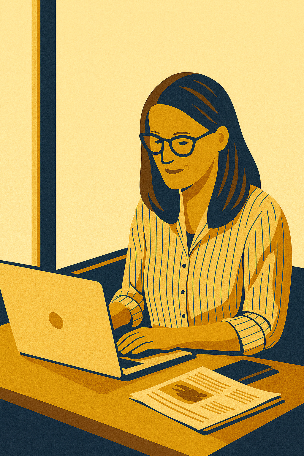 Ilustracja kobiety przy biurku z laptopem i dokumentami, symbolizująca edukację finansową i planowanie.
