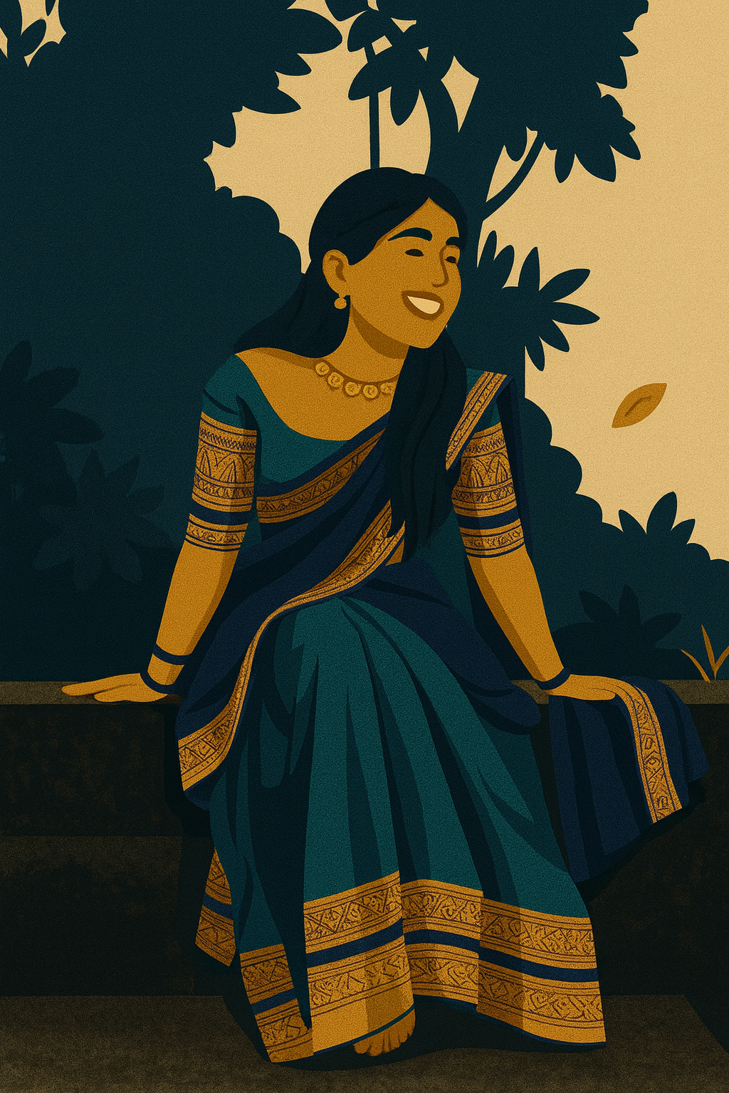 Ilustracja przedstawiająca uśmiechniętą kobietę w ciemnej sukni, siedzącą w otoczeniu roślinności, reprezentującą postawę Eleganckiej Inwestorki