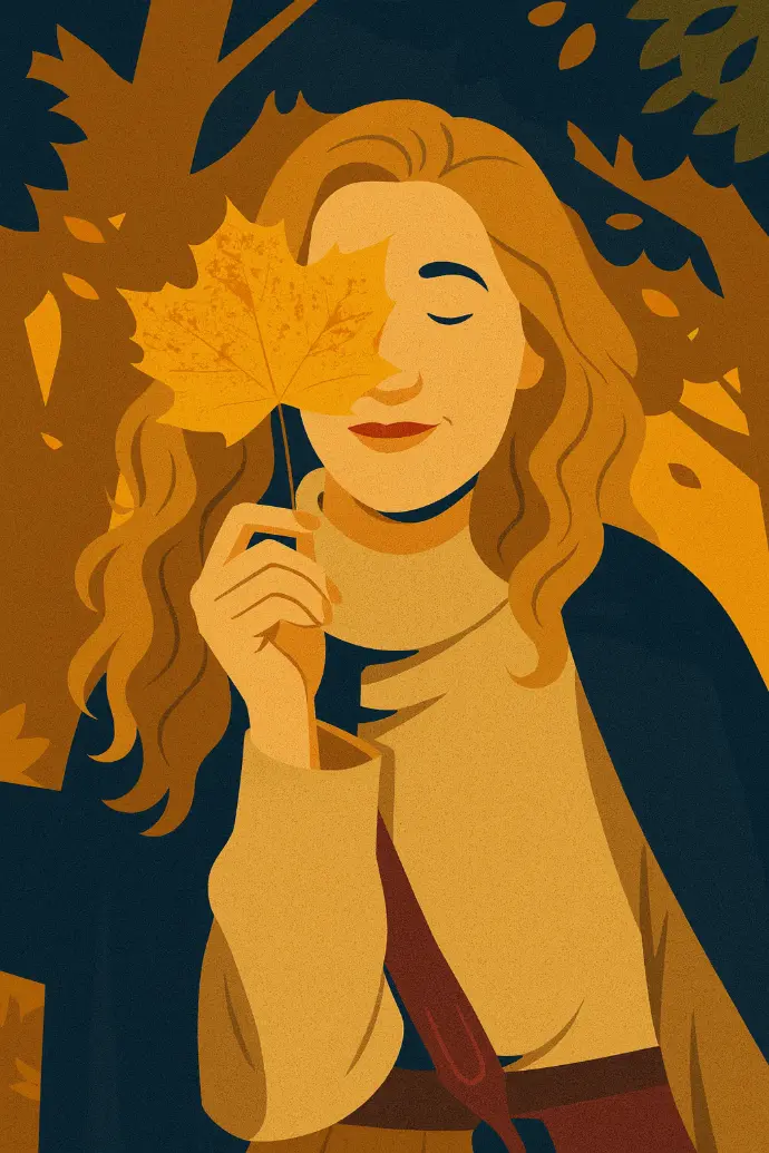 Ilustracja kobiety trzymającej liścia, w ciepłej, ilustracyjnej stylistyce