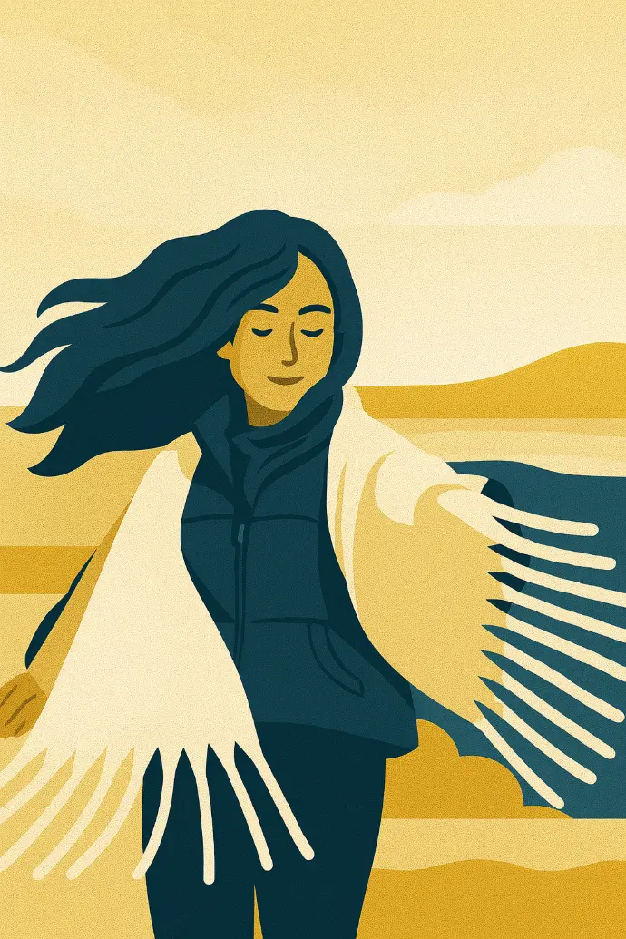 Ilustracja kobiety stojącej na tle krajobrazu, w spokojnym, refleksyjnym ujęciu