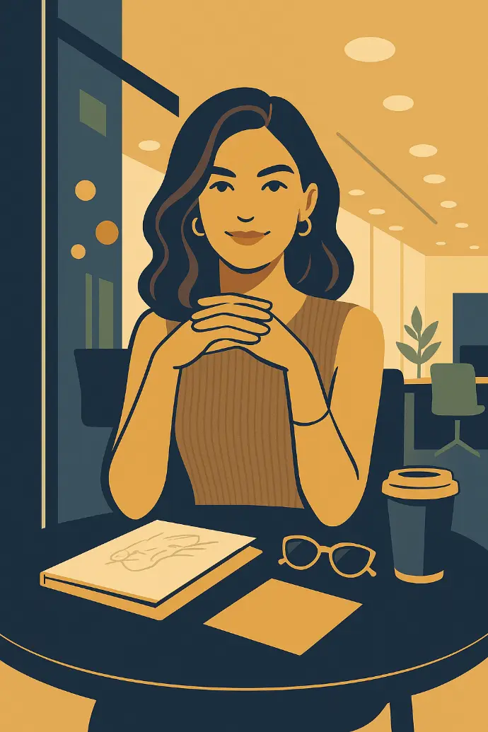 Ilustracja kobiety siedzącej przy stole, trzymającej filiżankę kawy i notatnik, nawiązująca do refleksji nad finansami.