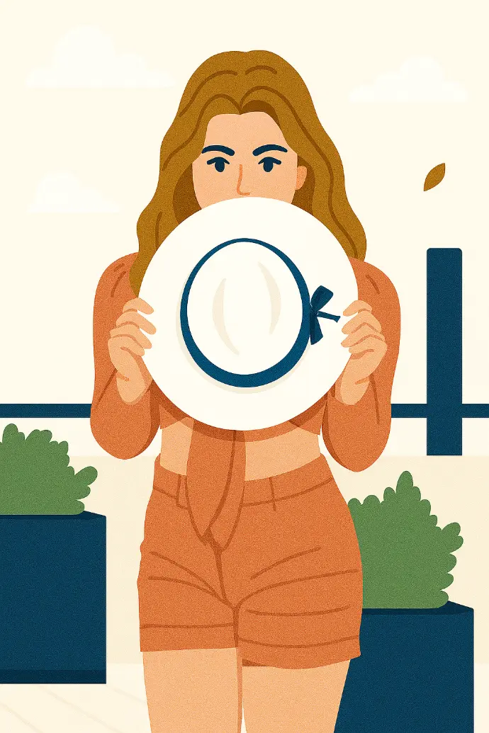 Ilustracja kobiety trzymającej przed sobą kapelusz.