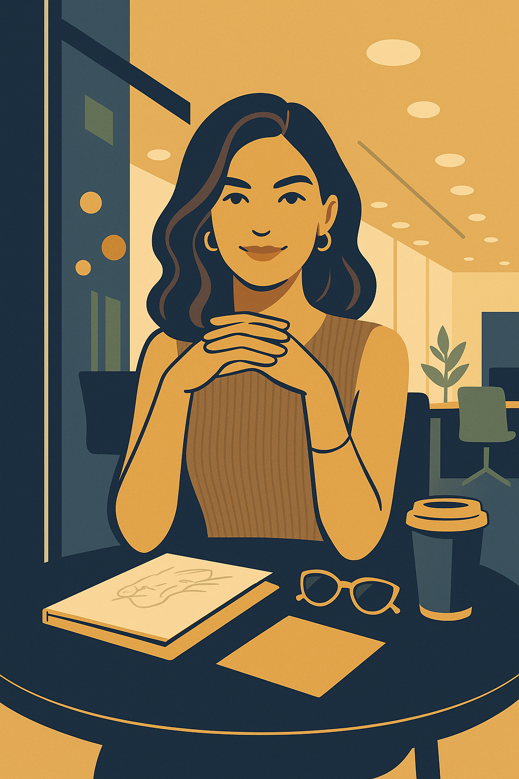 Ilustracja kobiety pracującej przy biurku, symbolizująca analizę rynku i edukację finansową.