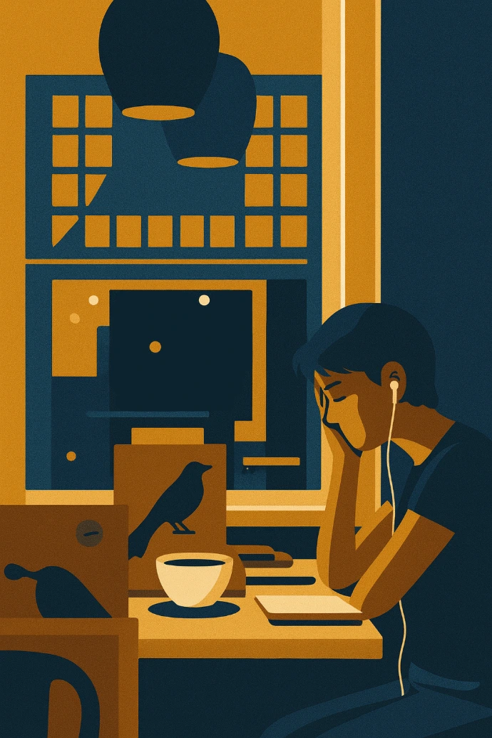 Ilustracja przedstawiająca kobietę siedzącą przy biurku z laptopem i dokumentami, w spokojnym, stonowanym otoczeniu.