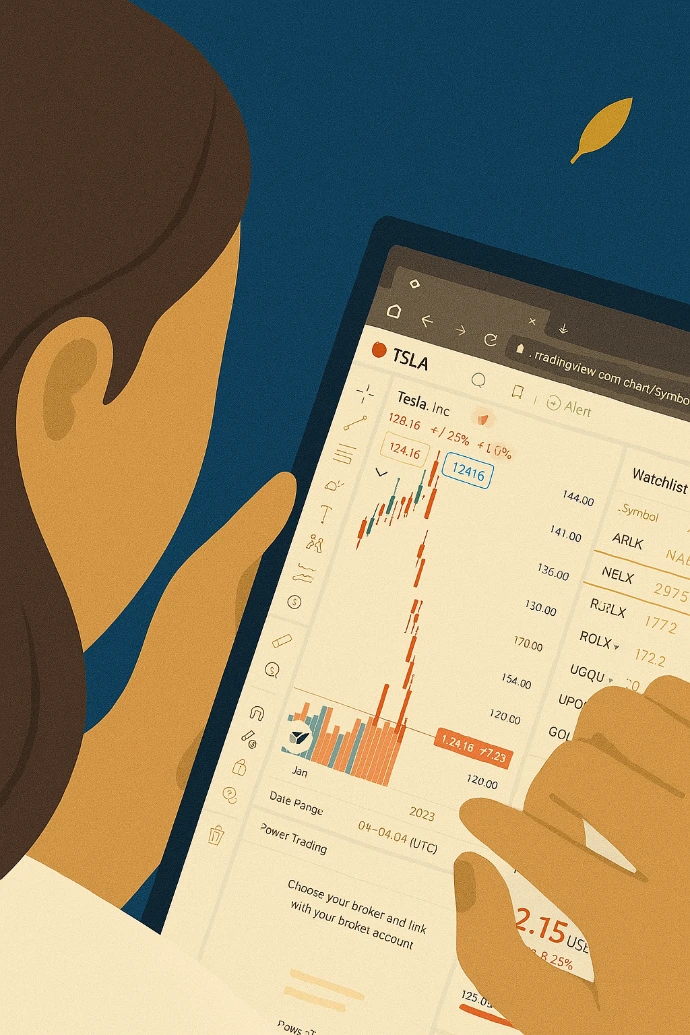 Ilustracja przedstawiająca biurko z notatnikiem, wykresami i elementami związanymi z analizą danych finansowych.