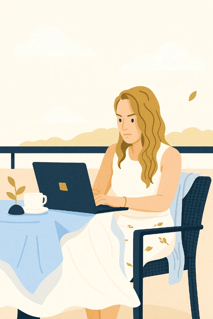 Ilustracja kobiety siedzącej przy biurku z laptopem i notatkami dotyczącymi inwestowania.