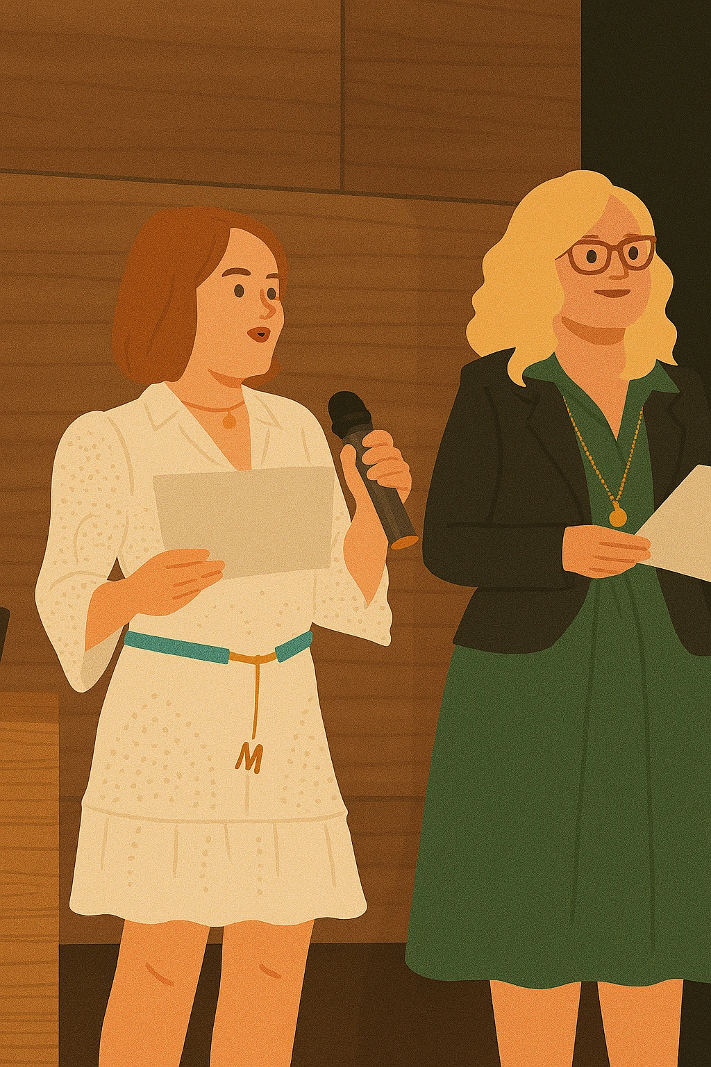 Ilustracja dwóch kobiet rozmawiających i przeglądających dokumenty dotyczące finansów.