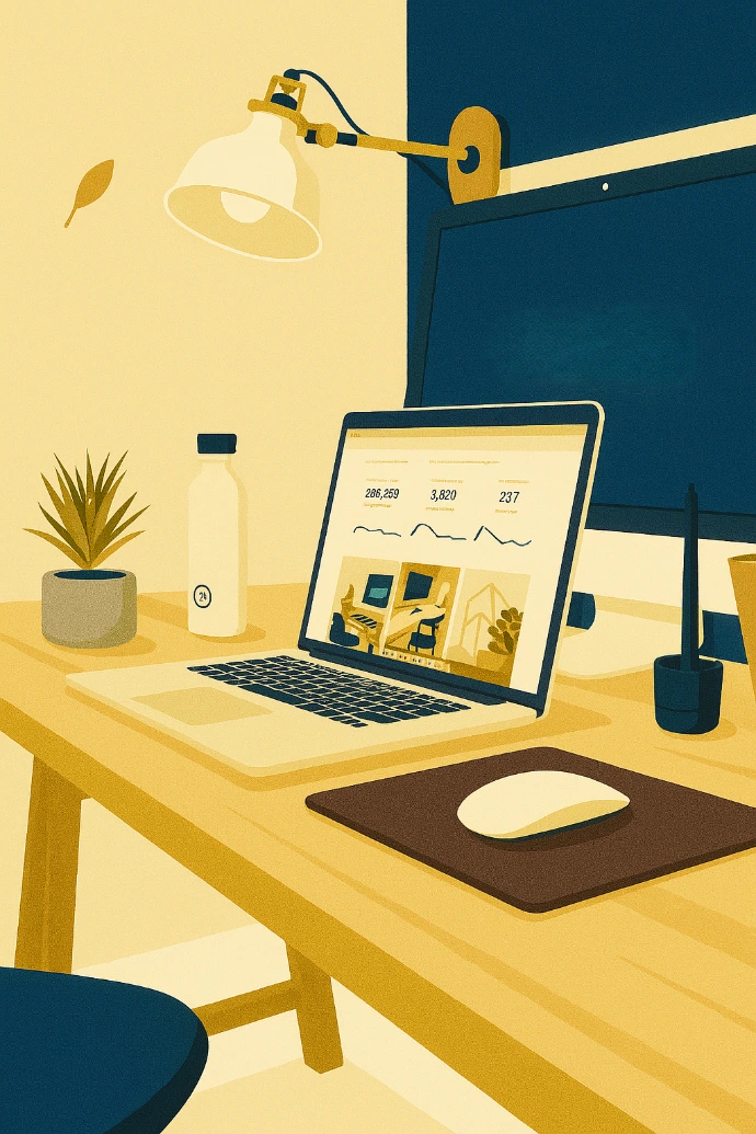 Ilustracja biurka z laptopem i dokumentami, przedstawiająca analizę danych i pracę z informacjami ekonomicznymi.