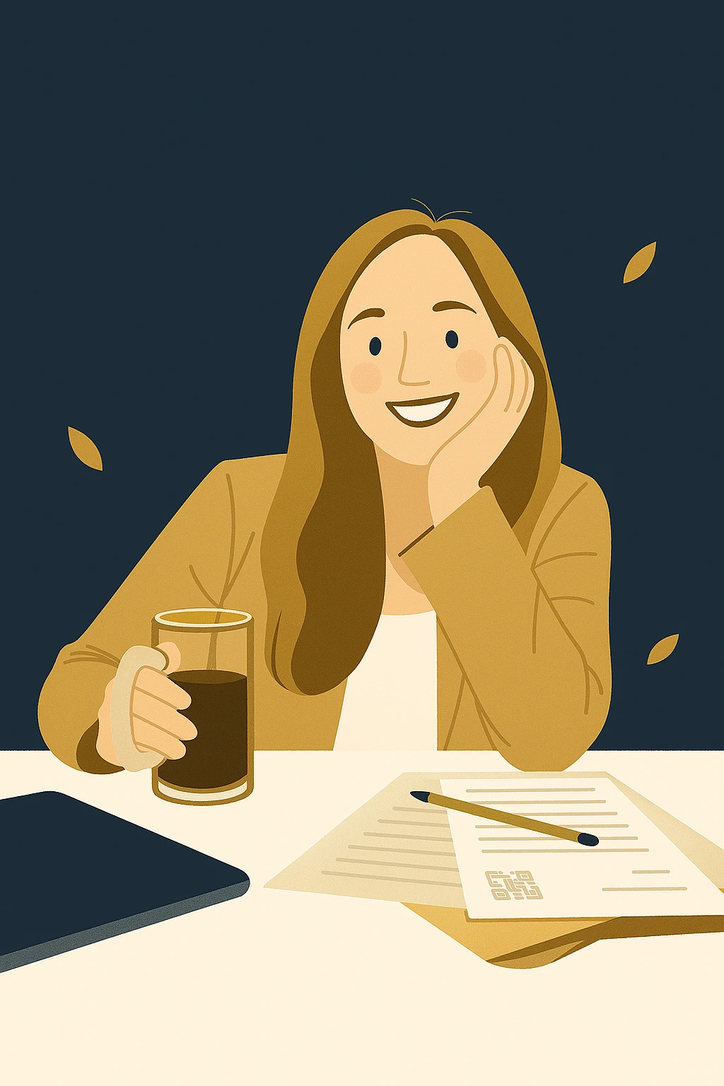 Ilustracja kobiety pracującej przy biurku z dokumentami finansowymi