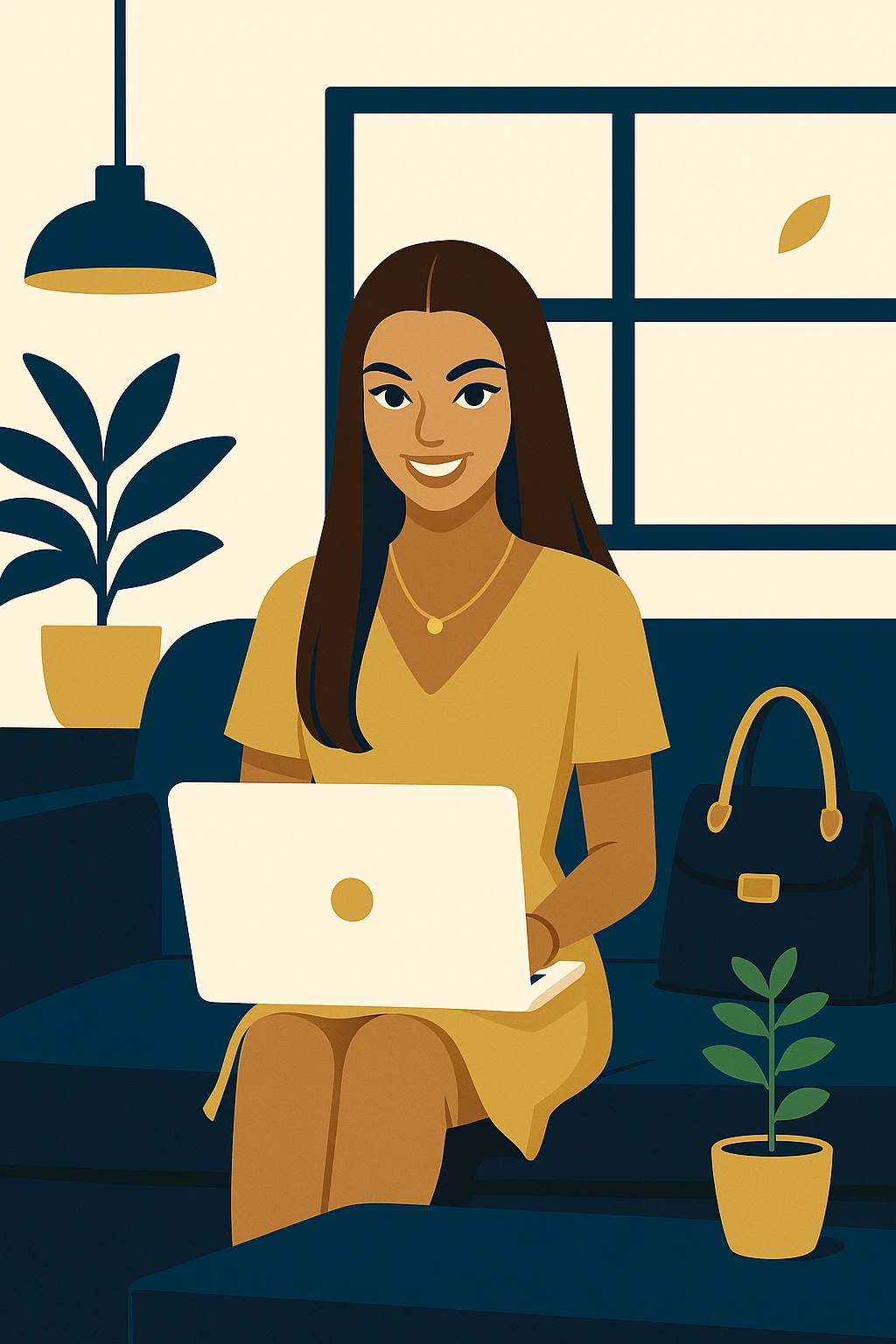 Kobieta pracująca przy laptopie i analizująca dane finansowe. Ilustracja symbolizuje rozwijanie umiejętności inwestycyjnych w Akademii Eleganckich Inwestorek.