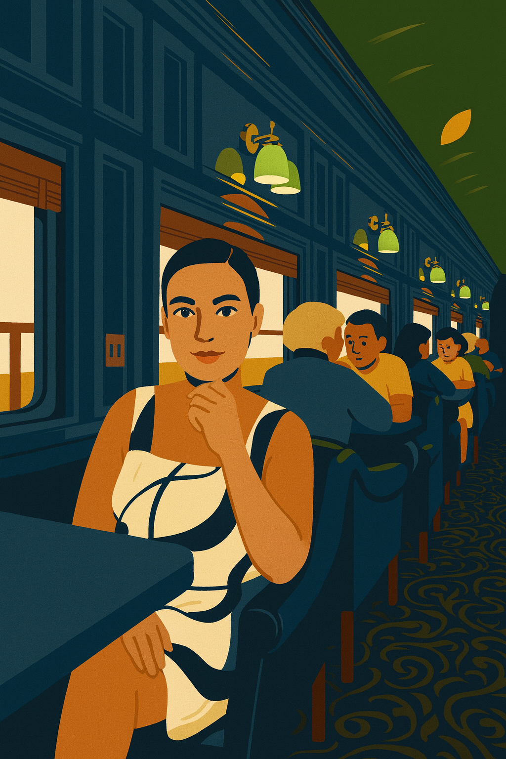 Ilustracja kobiety siedzącej przy biurku z laptopem i dokumentami, w stonowanej kolorystyce