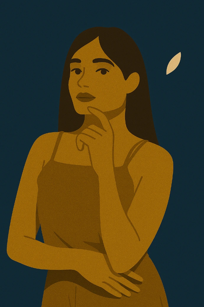 Ilustracja kobiety przedstawionej frontalnie, w eleganckim, minimalistycznym stylu graficznym