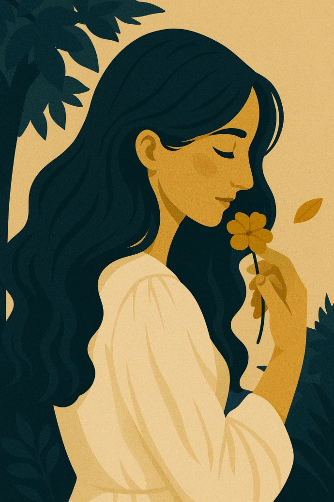 Ilustracja kobiety stojącej obok innej postaci, w artystycznym stylu, bez elementów realistycznych