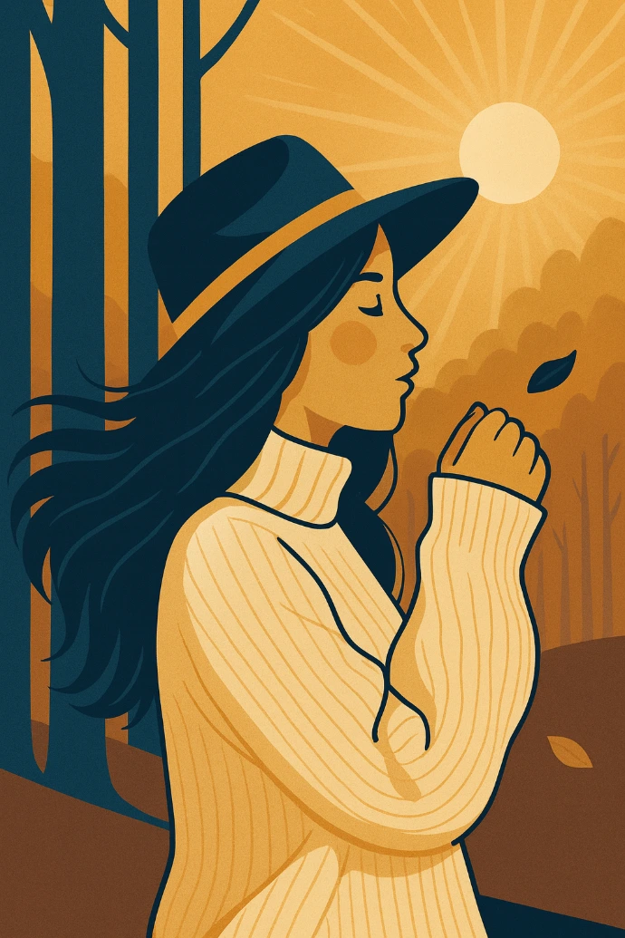 Ilustracja kobiety patrzącej w dół, w uproszczonej formie graficznej, w odcieniach granatu i złota