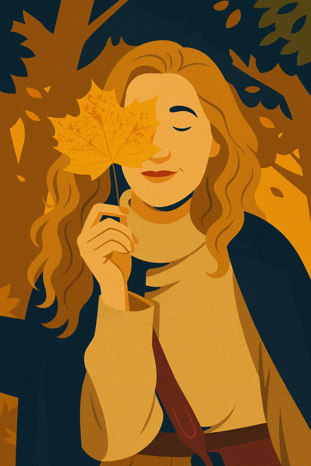 Ilustracja kobiety trzymającej liść w dłoni, przedstawionej na jasnym tle.