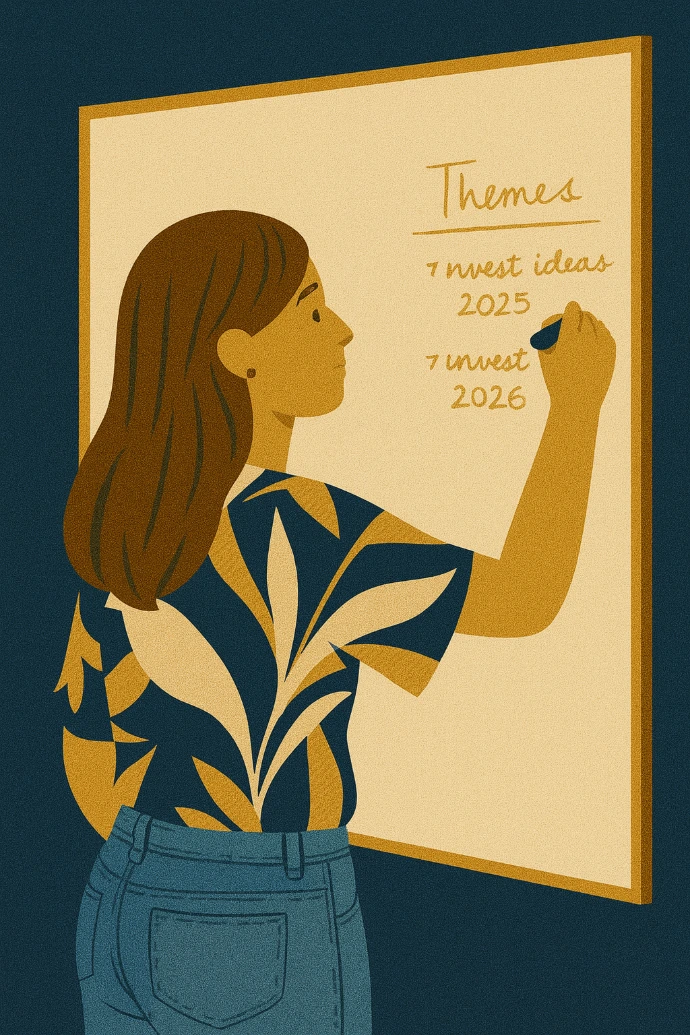 Ilustracja kobiety stojącej przy tablicy i zapisującej na niej informacje, w kontekście nauki i analizy.