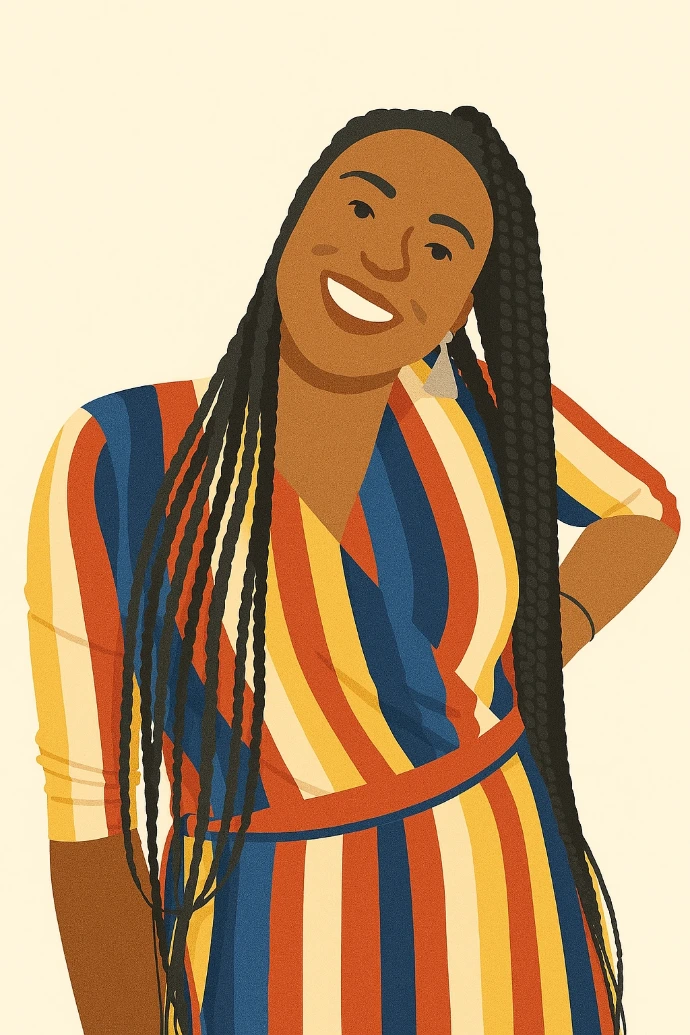 Ilustracja kobiety stojącej i trzymającej rękę na biodrze, ubranej w kolorowy sweter, na jasnym tle.