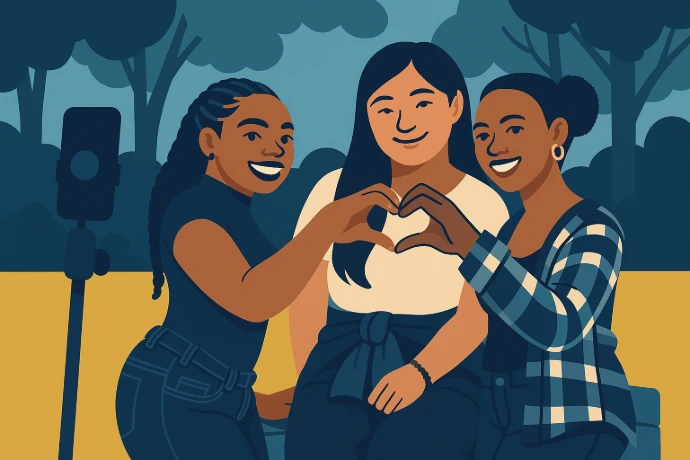 Ilustracja przedstawiająca grupę kobiet prowadzących spokojną rozmowę.