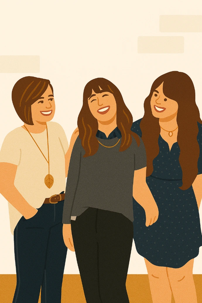 Ilustracja przedstawiająca trzy kobiety siedzące obok siebie i rozmawiające o finansach.