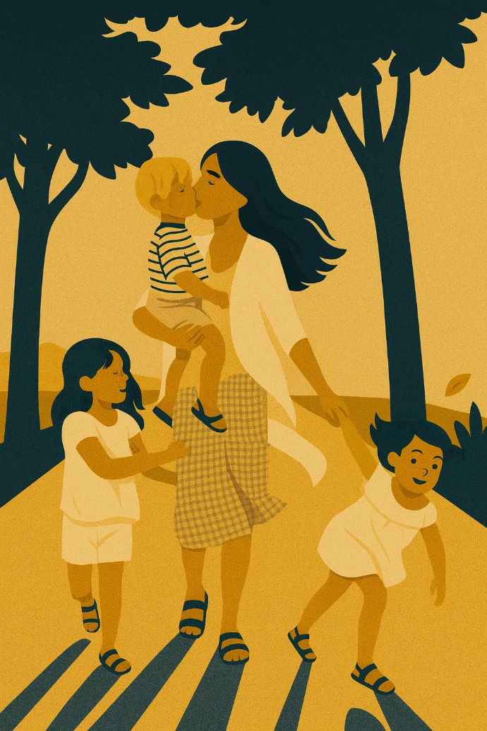 Ilustracja przedstawiająca kobietę spacerującą wśród drzew, symbolizująca refleksję i długoterminowe myślenie.