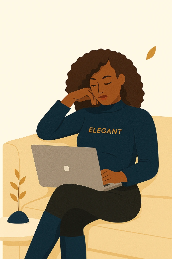 Kobieta siedząca z laptopem, czytająca lub analizująca treści finansowe.