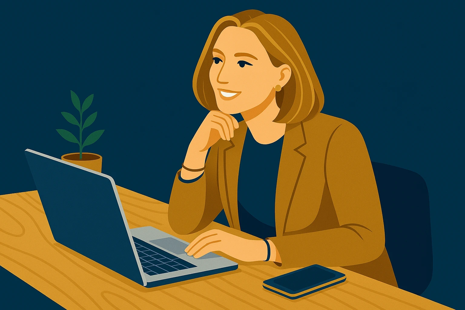 Kobieta pracująca przy laptopie w domowym biurze, analizująca dane na ekranie. Ilustracja przedstawia praktyczny wymiar nauki inwestowania, obsługę konta maklerskiego oraz rzetelne podejście do edukacji finansowej.