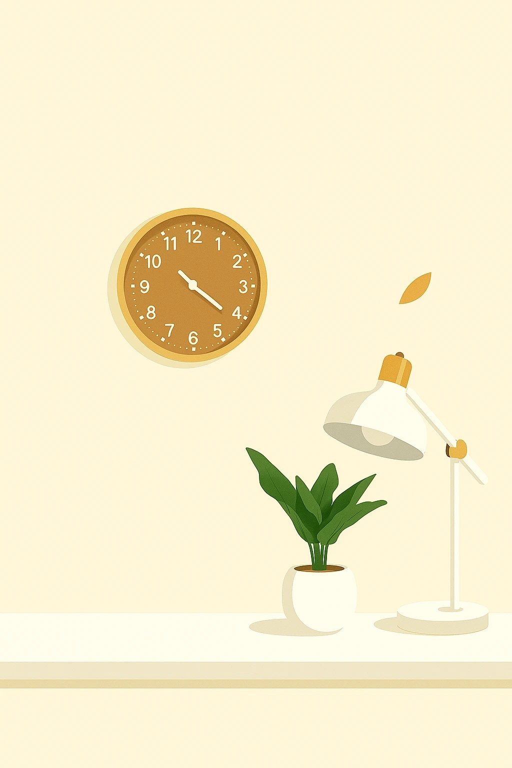 Aranżacja z zegarem ściennym, lampką biurkową i rośliną. Ilustracja do tekstu o wycenianiu przyszłości i długoterminowym podejściu do inwestowania.
